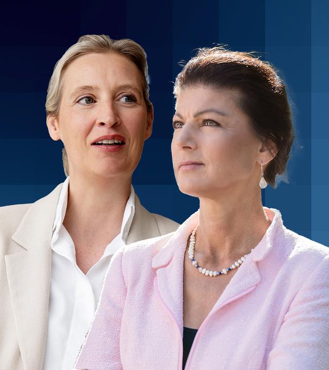 Alice Weidel links im Bild in beigem Sakko und rechts im Bild Sahra Wagenknecht in einem rosa Sakko.