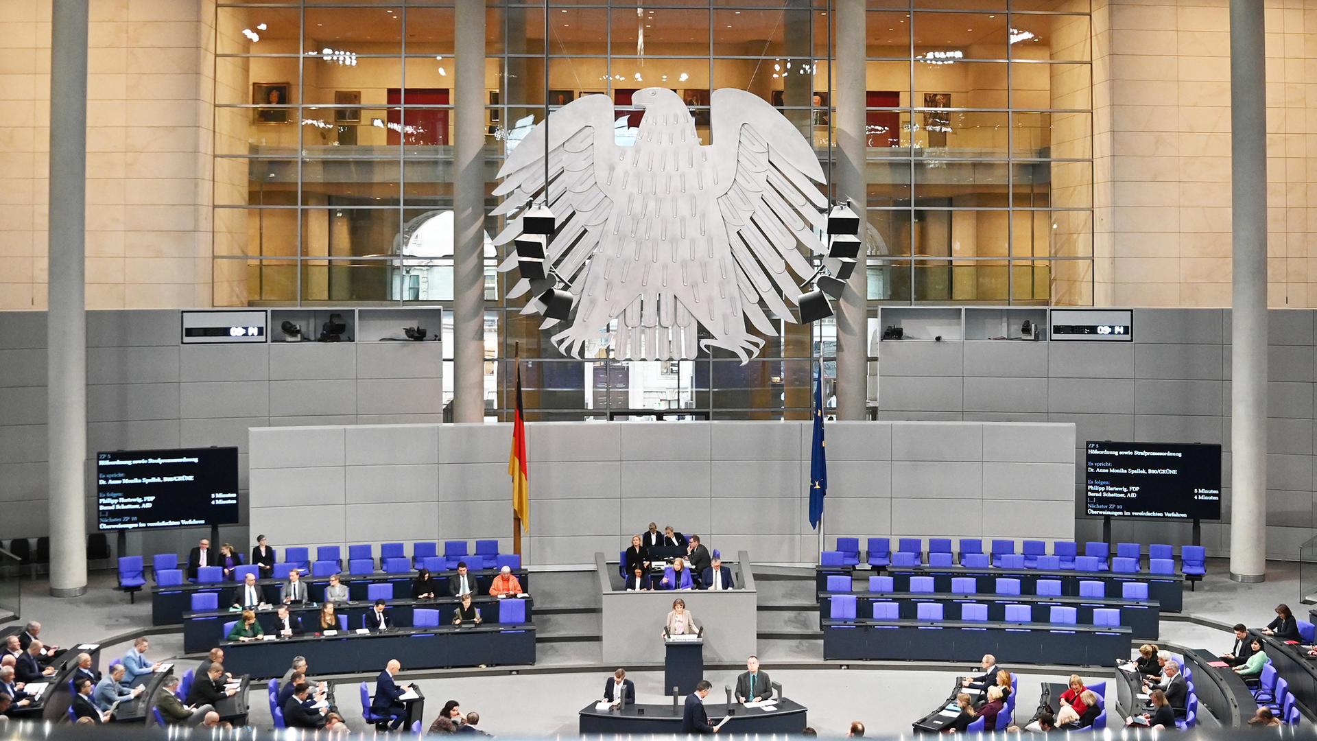 Das Plenum des Bundestags mit dem Bundesadler im Hintergrund.