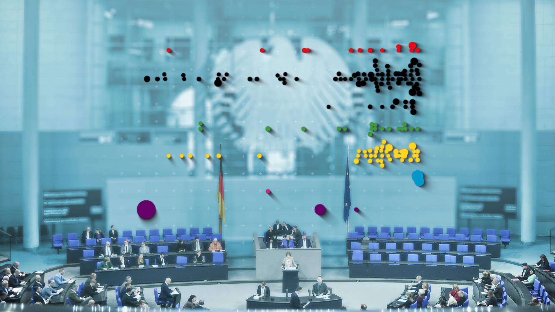 Das Plenum des Bundestags mit dem Bundesadler im Hintergrund. Darüber eine Grafik zur Verteilung der Großspenden an Parteien.