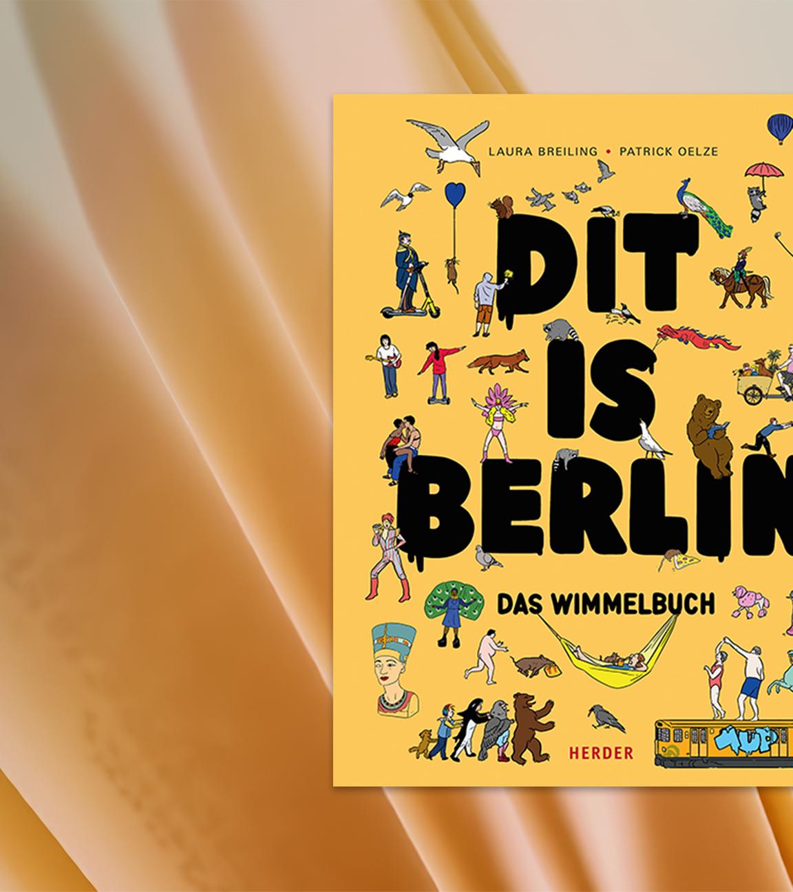Auf dem Cover des Buches sieht man die Illustration kleiner Figuren, die typisch für Berlin sind, vor gelbem Hintergrund.