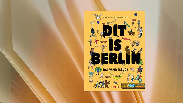 Auf dem Cover des Buches sieht man die Illustration kleiner Figuren, die typisch für Berlin sind, vor gelbem Hintergrund.