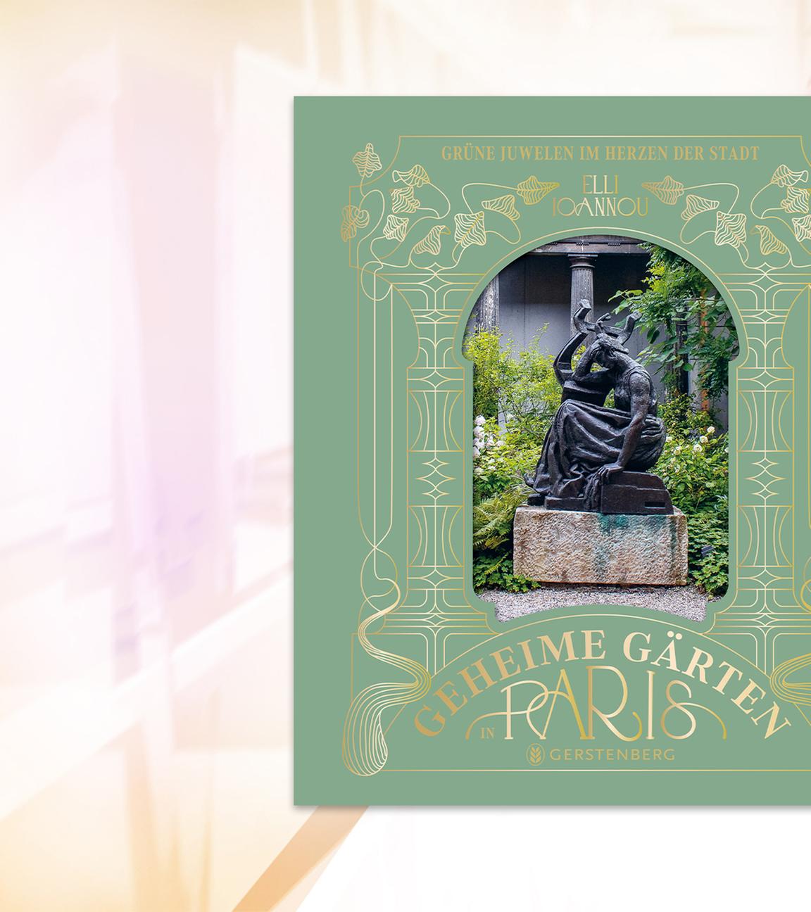 Auf dem Cover des Buches sieht man das Foto einer Skulptur, die in einem Garten steht, vor einem lindgrünen Hintergrund mit goldener Schrift im Art-Nouveau-Stil.