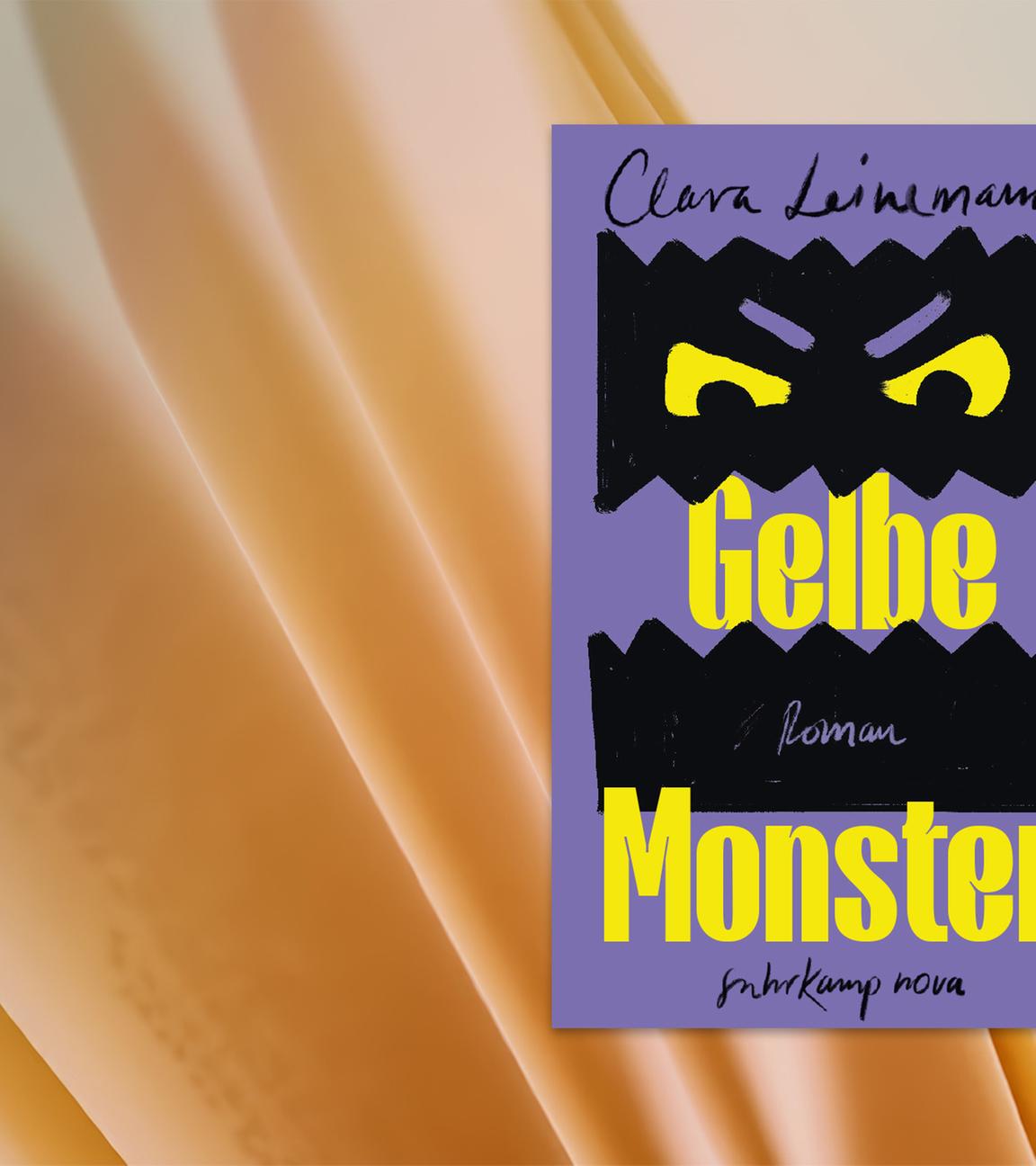 Ein Buchcover, das lila ist und auf dem in gelber Schrift steht "Gelbe Monster". Das Wort "Gelb" steht zwischen den Zähnen eines gemalten schwarzen Monsters mit gelben Augen.