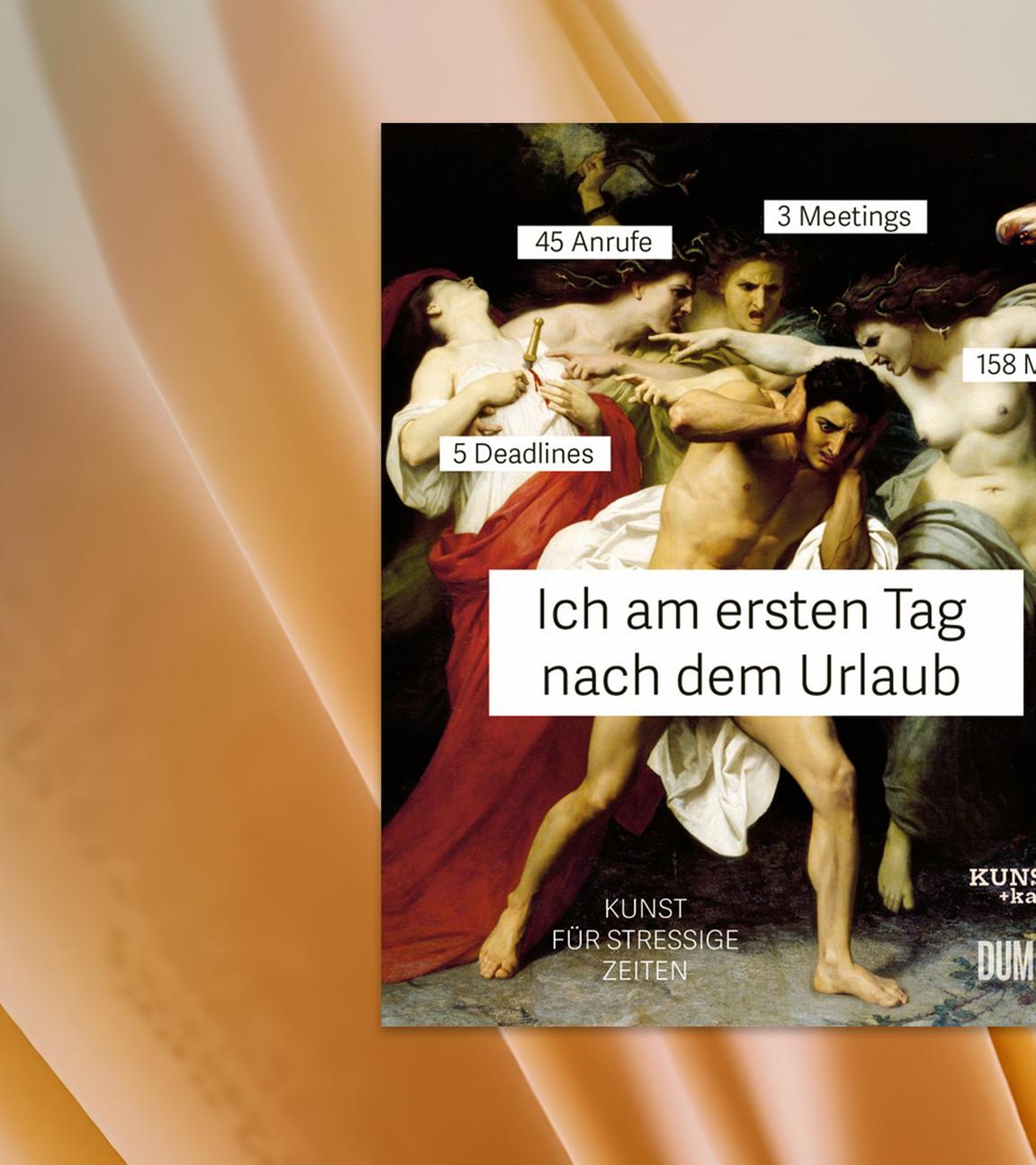 Auf dem Cover des Buches ist ein Gemälde zu sehen, auf dem sich ein Mann die Ohren zuhält und vier Personen versuchen auf ihn einzureden. Auf einem Textfeld auf dem Mann steht: "Ich am ersten Tag nach dem Urlaub." Auf vier Textfeldern bei den anderen Personen steht: "5 Deadlines", "45 Anrufe", "3 Meetings" und "158 Mails".