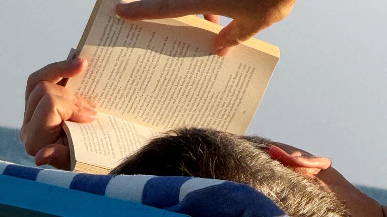 Ein Mann liegt auf einem Liegestuhl und liest ein Buch.