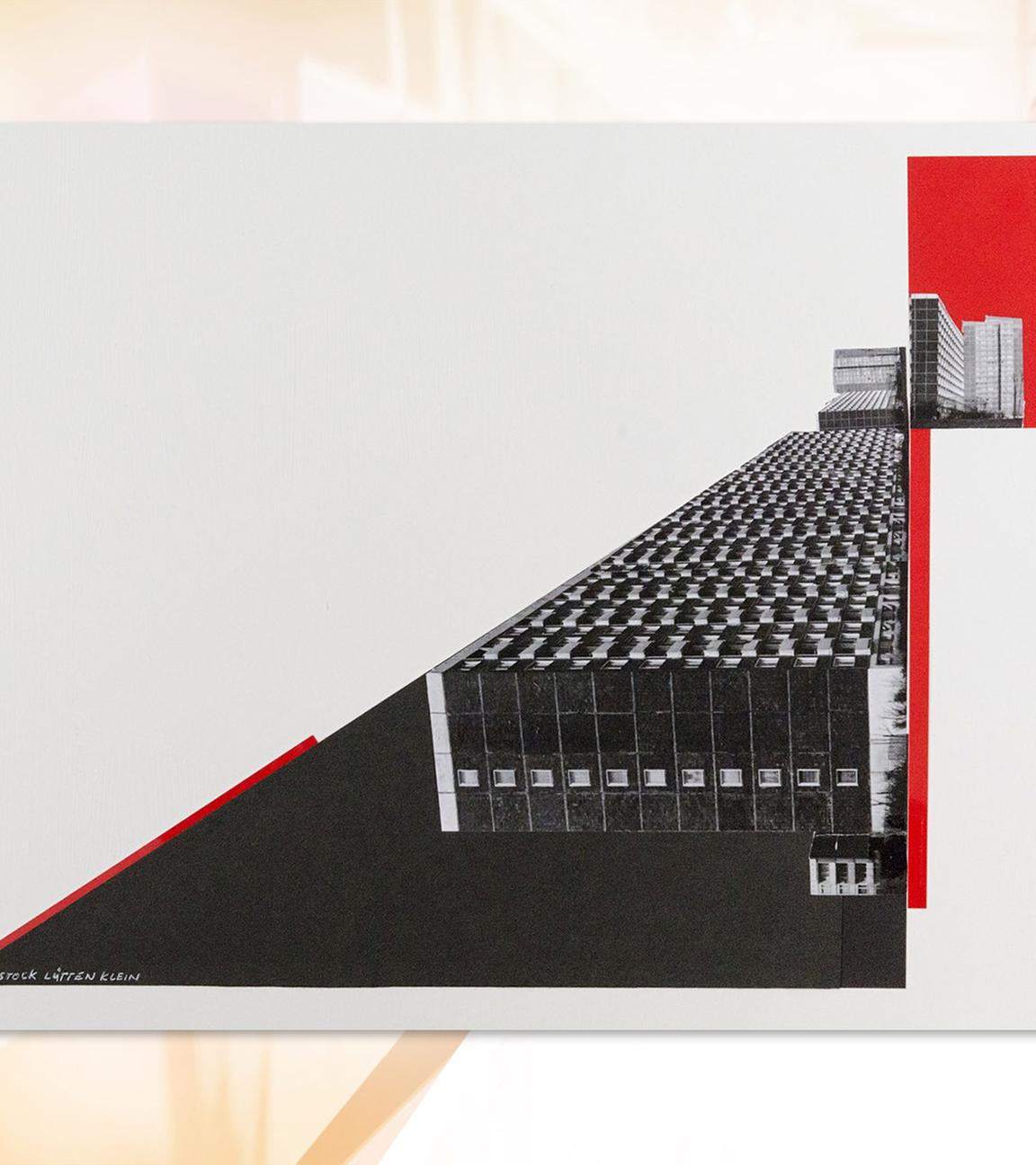 Man sieht die Fotografie eines Plattenbaus in einem abtrakten Bild.