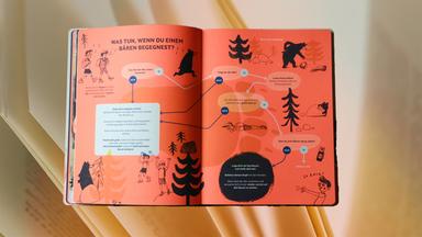 Man sieht die aufgeschlagenen Seiten eines Bilderbuches mit der orange-farbenen Illustration eines Waldes mit Bären.