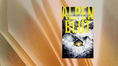 Auf dem Buchumschlag ist hinter dem Titel Alpenblut in gelben Großbuchstaben eine verschneite Alpenlandschaft mit einer beleuchteten Hütte in schwarz-weiß zu sehen.