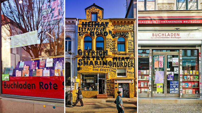 Montage mit drei Buchhandlungen von außen