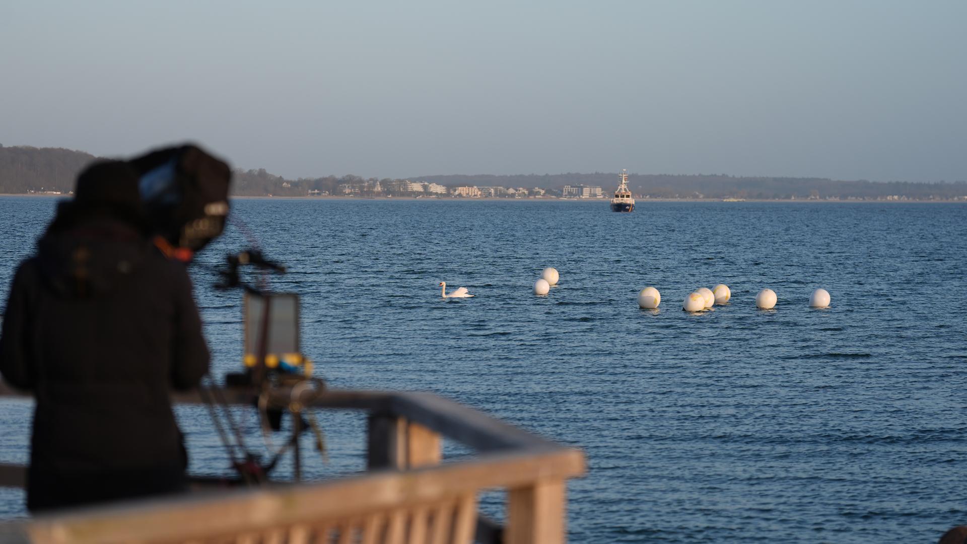  Ausgelegte Bojen zeigen die ausgebaggerte Rinne für den gestrandeten Buckelwal in der Ostsee. 