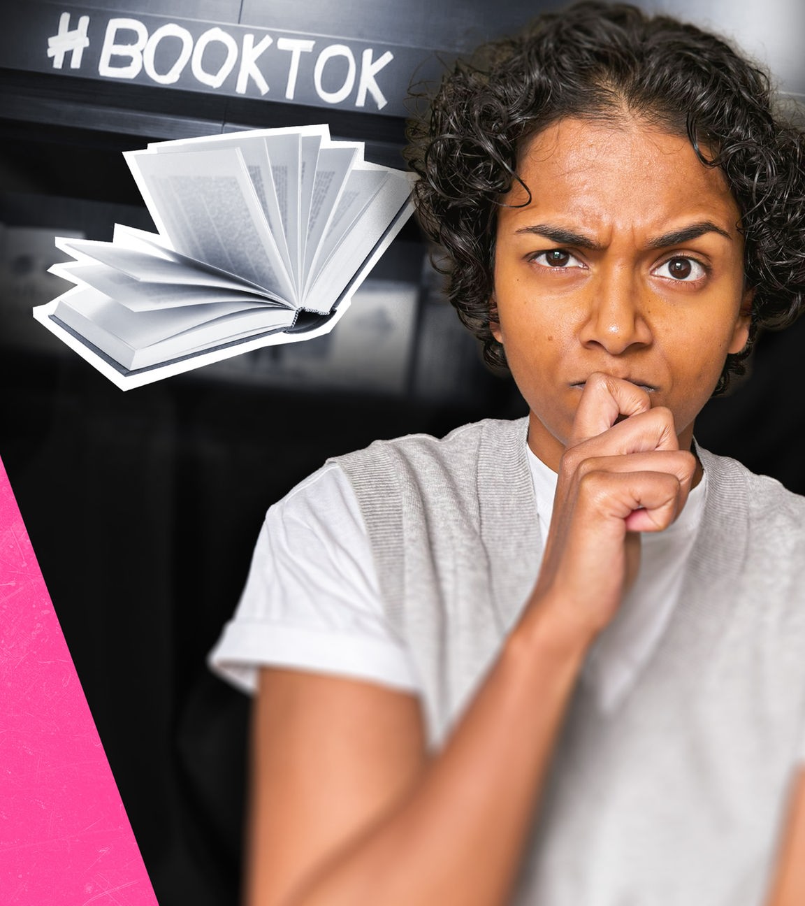 Kaja Adchayan in nachdenklicher Pose, im Hintergrund steht #booktok