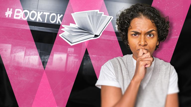 Kaja Adchayan in nachdenklicher Pose, im Hintergrund steht #booktok