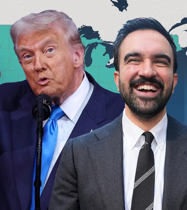 US-Präsident Donald Trump und Zohran Mamdani vor einer Landkarte der USA.