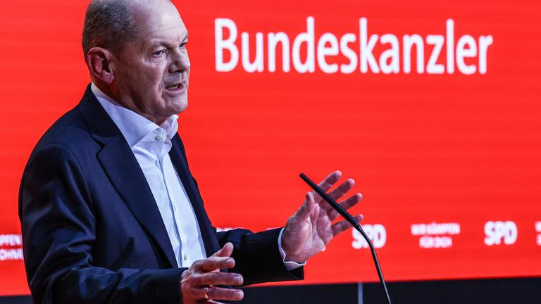 Bundeskanzler Olaf Scholz bei einer Wahlkampfveranstaltung in Berlin