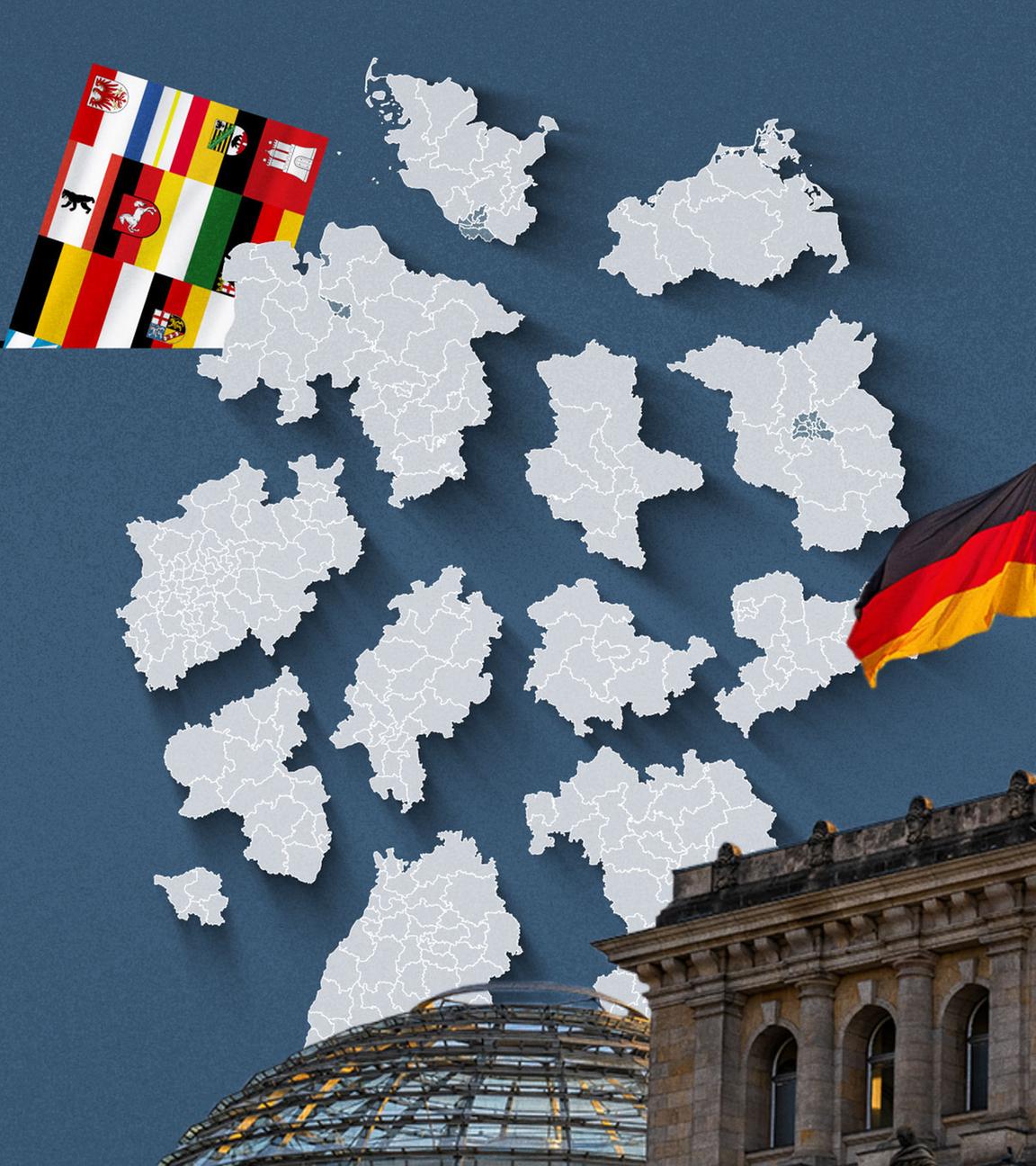 Der Deutsche Bundestag, davor die einzelnen Wahlkreis-Karten aller 16 Bundesländer sowie deren Flaggen auf einem Abstimmungszettel.
