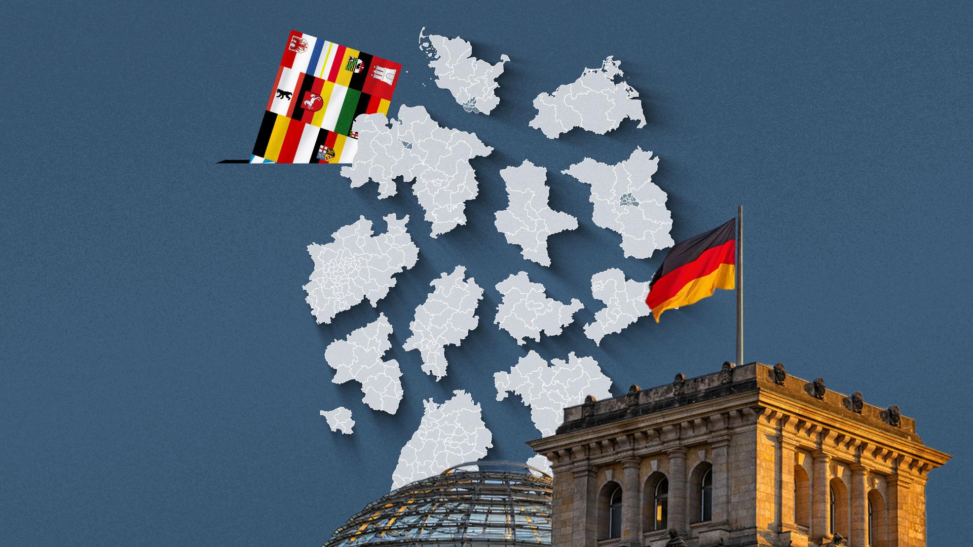 Der Deutsche Bundestag, davor die einzelnen Wahlkreis-Karten aller 16 Bundesländer sowie deren Flaggen auf einem Abstimmungszettel.