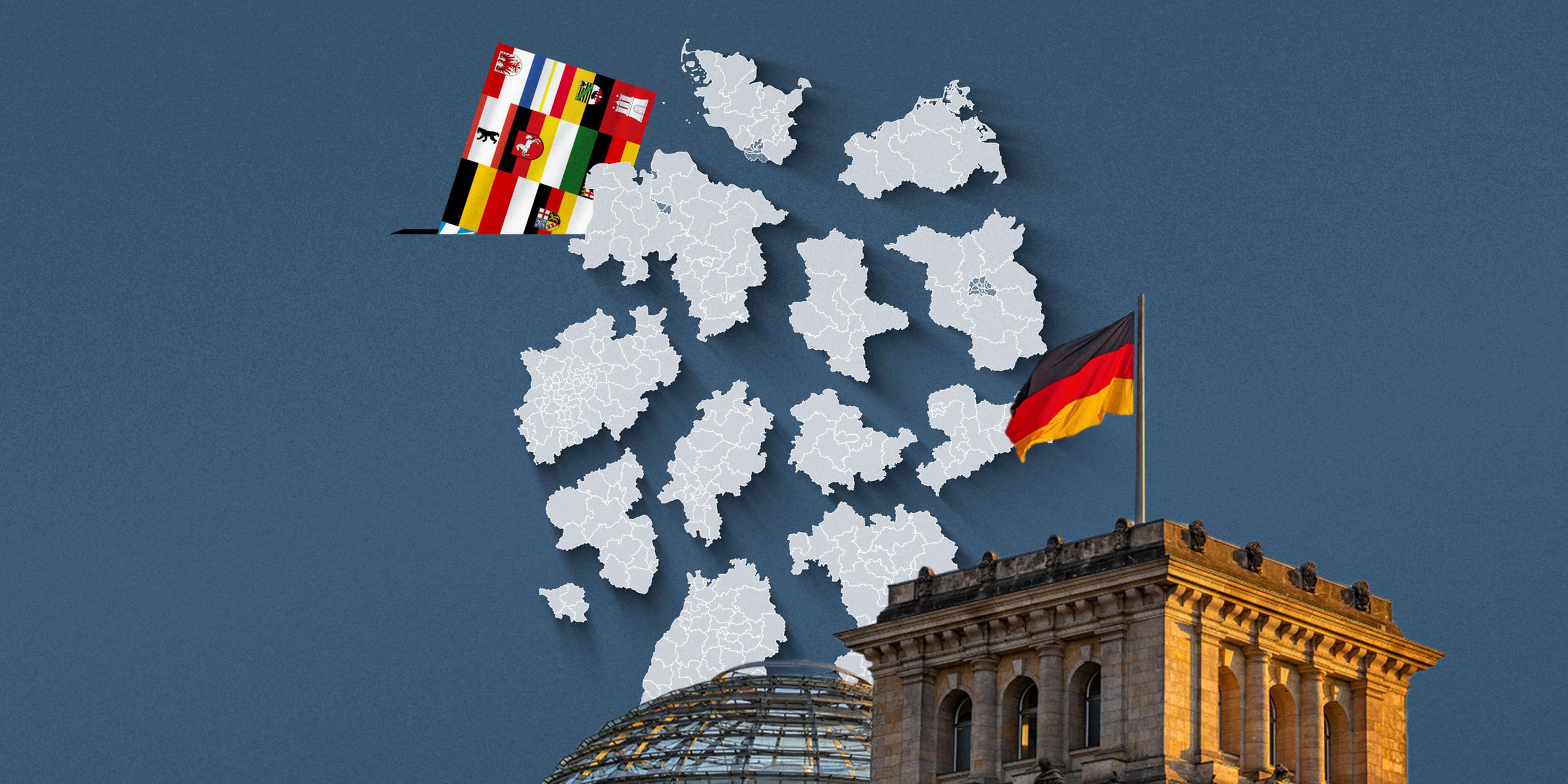 Der Deutsche Bundestag, davor die einzelnen Wahlkreis-Karten aller 16 Bundesländer sowie deren Flaggen auf einem Abstimmungszettel.