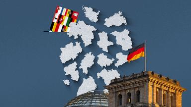 Der Deutsche Bundestag, davor die einzelnen Wahlkreis-Karten aller 16 Bundesländer sowie deren Flaggen auf einem Abstimmungszettel.