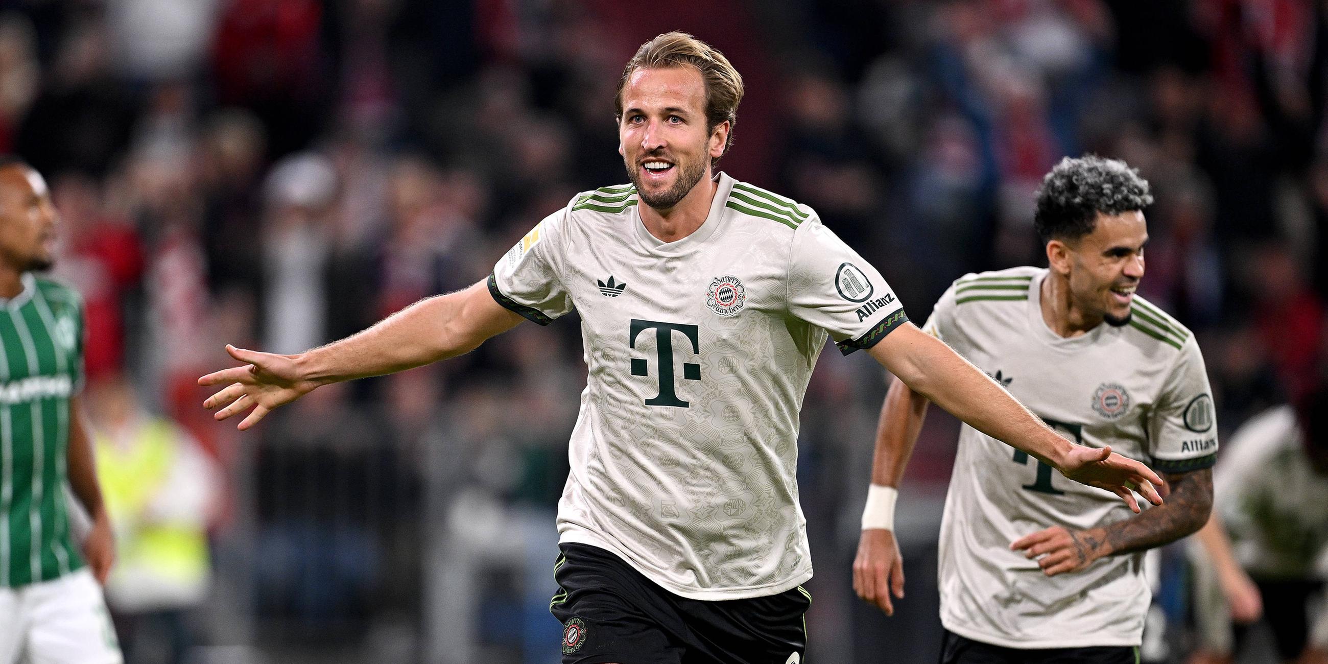 Münchens Harry Kane jubelt nach seinem Tor zum 3:0 gegen Werder Bremen.