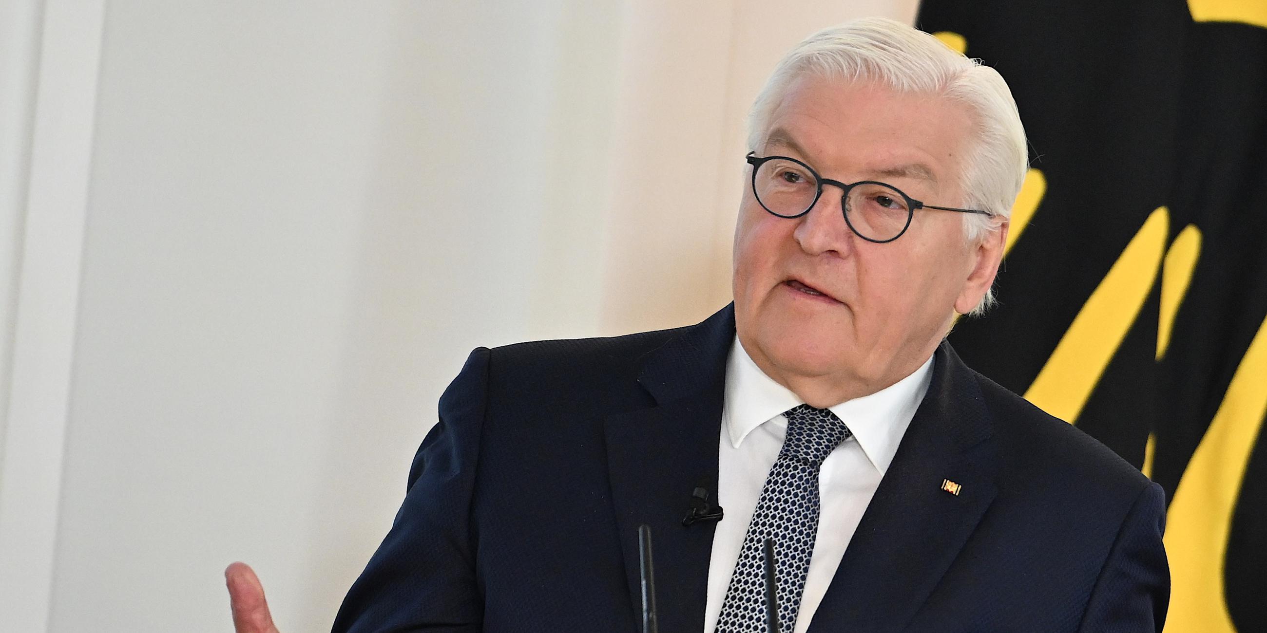 Bundespräsident Frank-Walter Steinmeier spricht vor einer Flagge stehend.