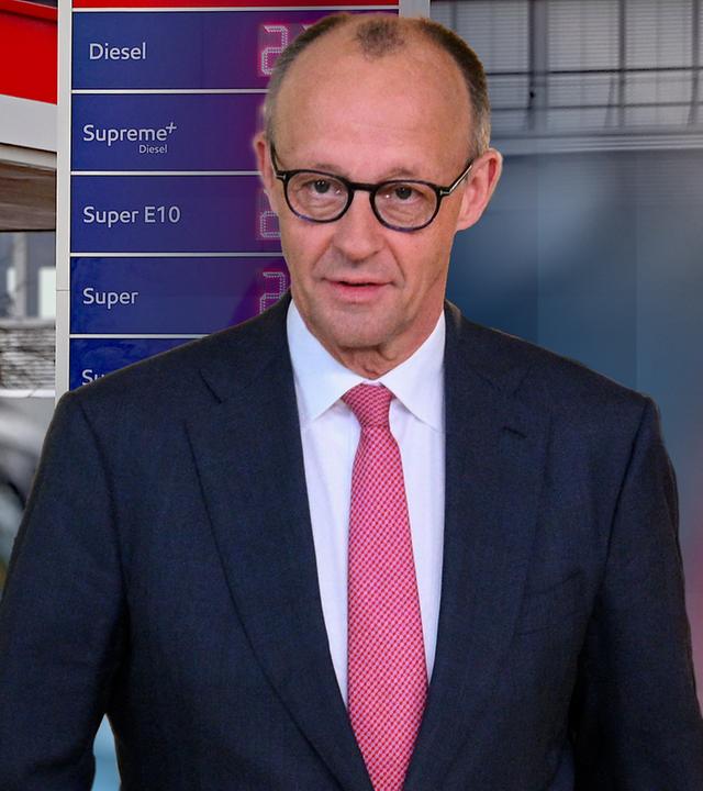 Friedrich Merz als Bild ausgeschnitten und mit einem Bild einer Tankstelle hinter sich.