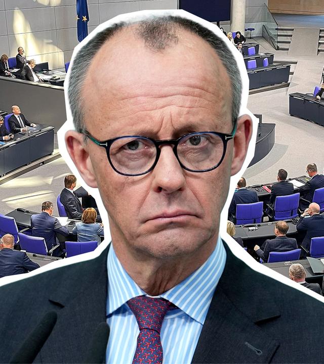 Friedrich Merz von der CDU ist vor dem Plenarsaal des Bundestages abgebildet. 
