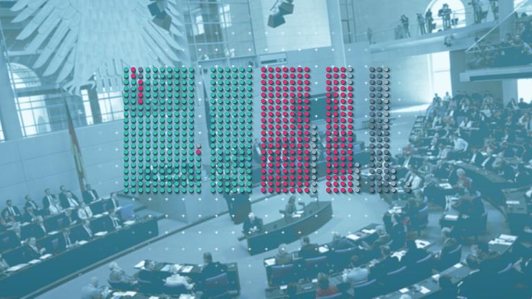 Plenum des Bundestags, darüber eine Grafik zur Abstimmung der Abgeordneten