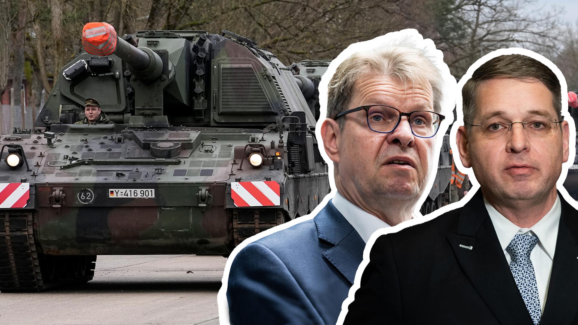 Im Hintergrund ein deutscher Panzer. Im Vordergrund: Alexander Müller (FDP) und Ralf Stegner (SPD).
