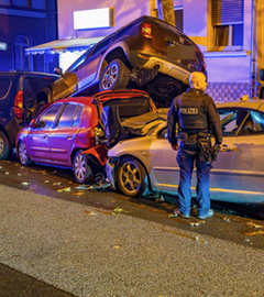 In Wiesbaden ist ein Bus in parkende Autos gerast