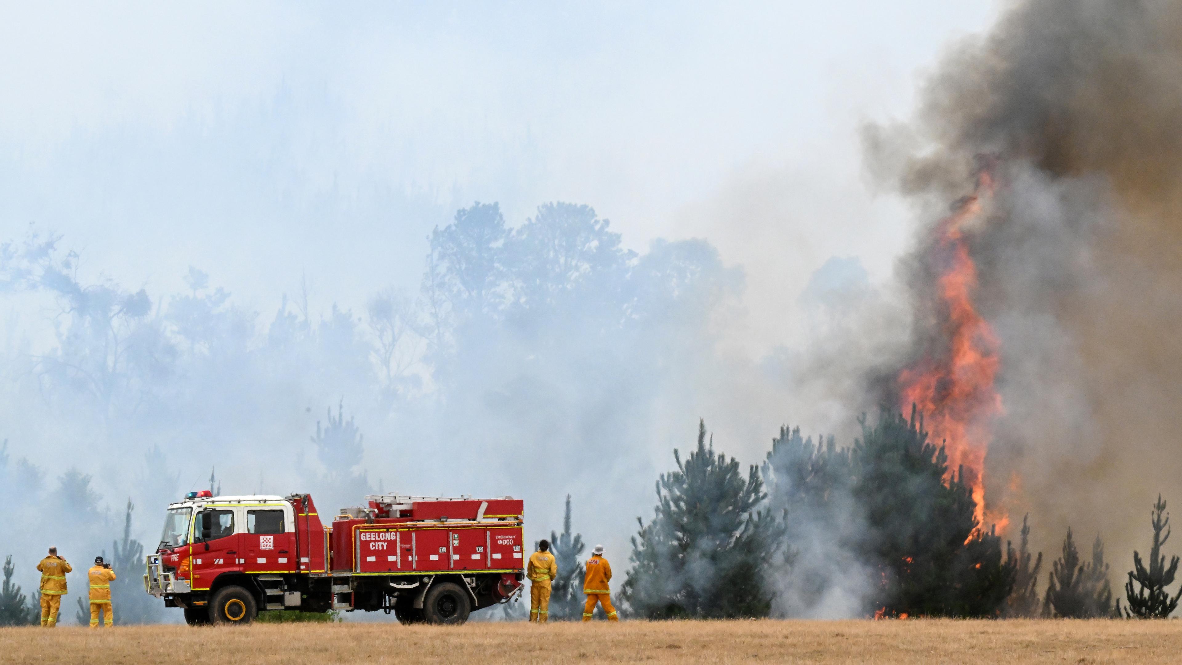 Feuerwehrleute vom Country Fire Authority stehen am 23.02.2024 am Einsatzort.