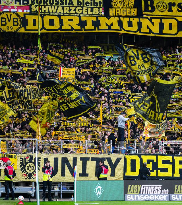 Fans und Ultras des BVBs schwingen geld-schwarze Borussia-Dortmund-Fahnen auf der Tribühne eines Stations. 