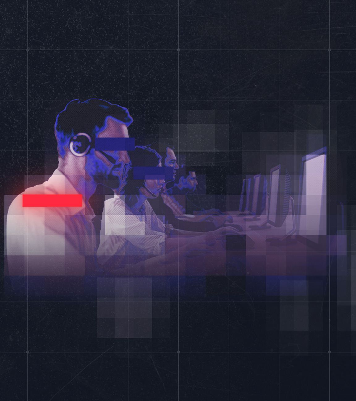 Anonymisierte Männer und Frauen vor Computern und mit Headset