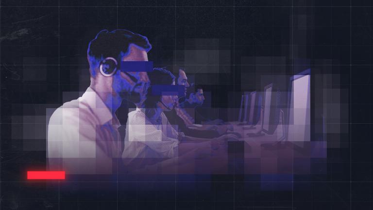 Anonymisierte Männer und Frauen vor Computern und mit Headset