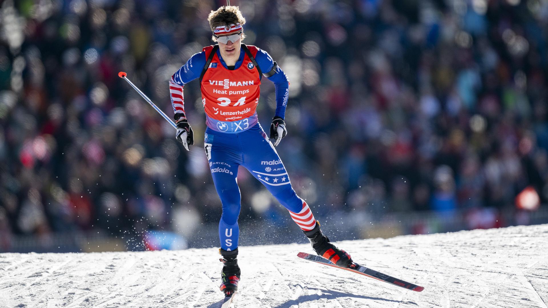 US-Amerikaner Campbell Wright in Aktion beim 10 km Sprint in Lenzerheide am 15.02.2025.