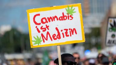 Ein Teilnehmer der Hanfparade 2026 unter dem Motto "Gerecht! Gesund! Genießen!" trägt ein Plakat mit der Aufschrift ÂCannabis ist Medizin