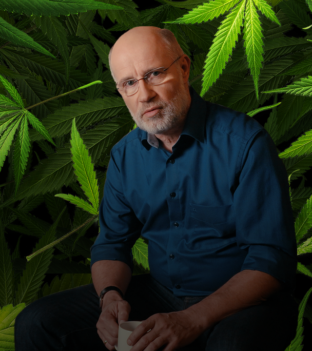 Collage: Harald Lesch vor Cannabisblättern