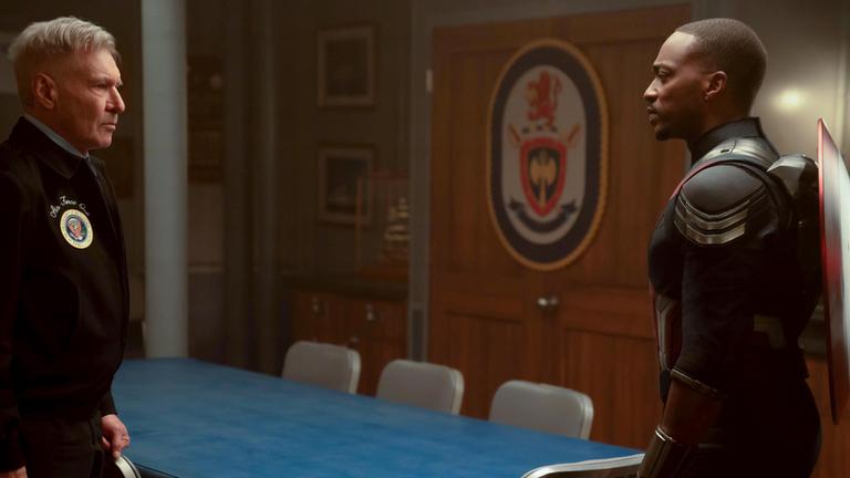 Harrison Ford (l) als President Thaddeus Ross und Anthony Mackie als Sam Wilson/Captain America in einer Szene des Films "Captain Amercia: Brave New World"