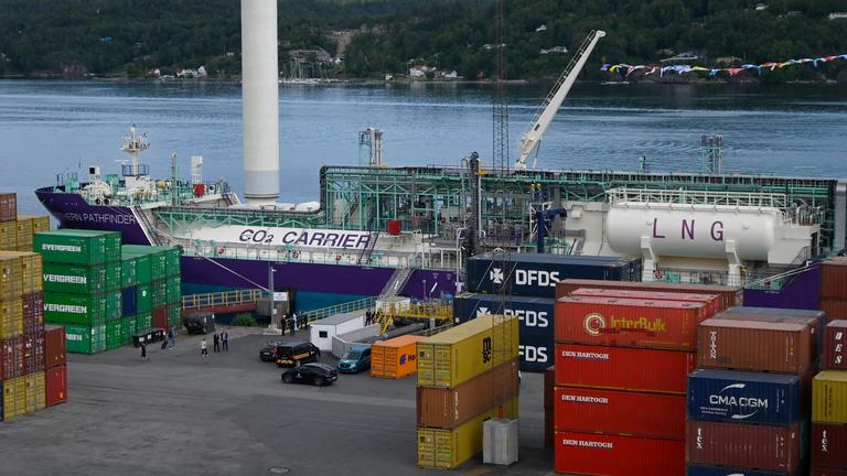 he CO2 carrier vessel 'Norther Pathfinder' is pictured at the Brevik harbour 