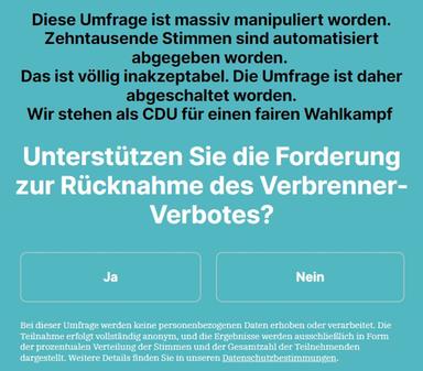 Die Teilnahme an der CDU-Umfrage zum Verbrenner war am Samstag nicht mehr möglich.