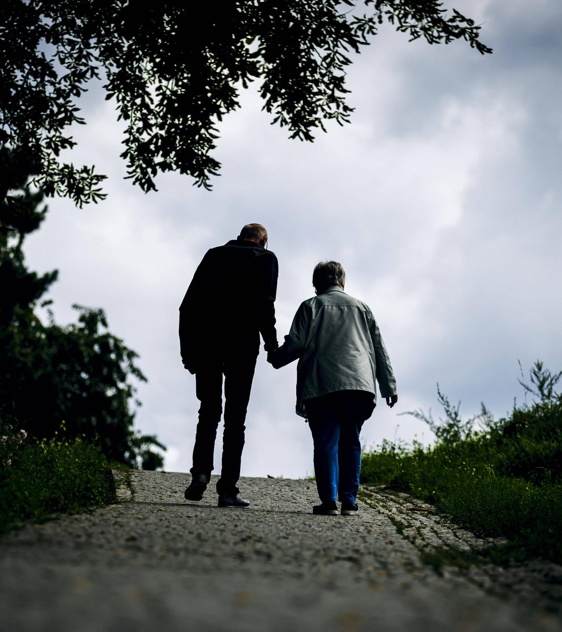 Ein altes Ehepaar laeuft bei einem Spaziergang gemeinsam einen Weg entlang am 30.08.2023 in Berlin.