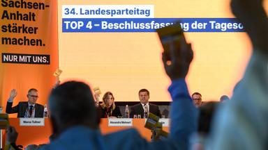 Menschen stimmen auf dem Parteitag ab, indem sie Karten in die Höhe halten. Im Hintergrund die Bühne.