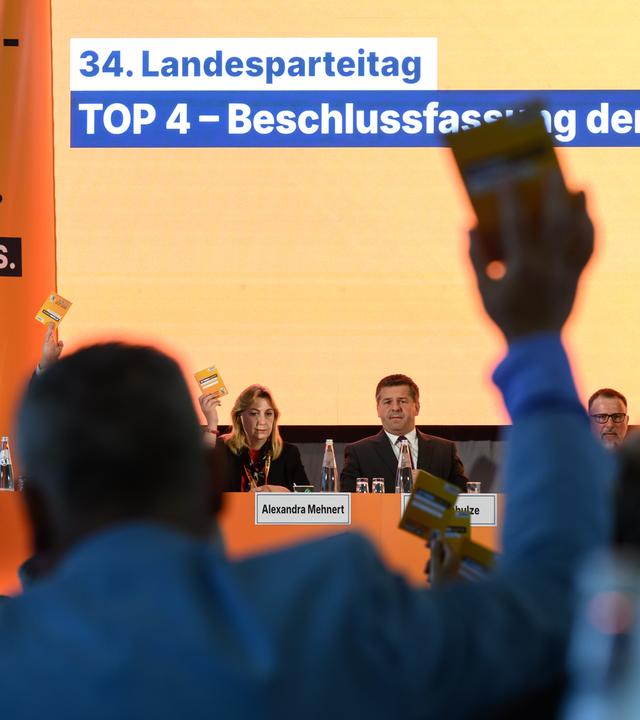 Menschen stimmen auf dem Parteitag ab, indem sie Karten in die Höhe halten. Im Hintergrund die Bühne.