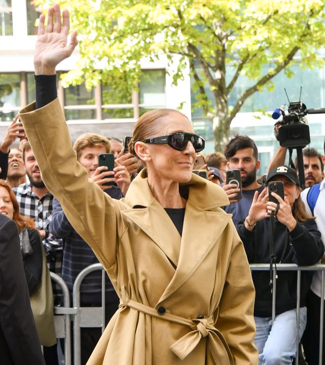 Das BIld zeigt Sängerin Céline Dion, die zahlreichen Fans hinter einem Zaun zuwinkt.