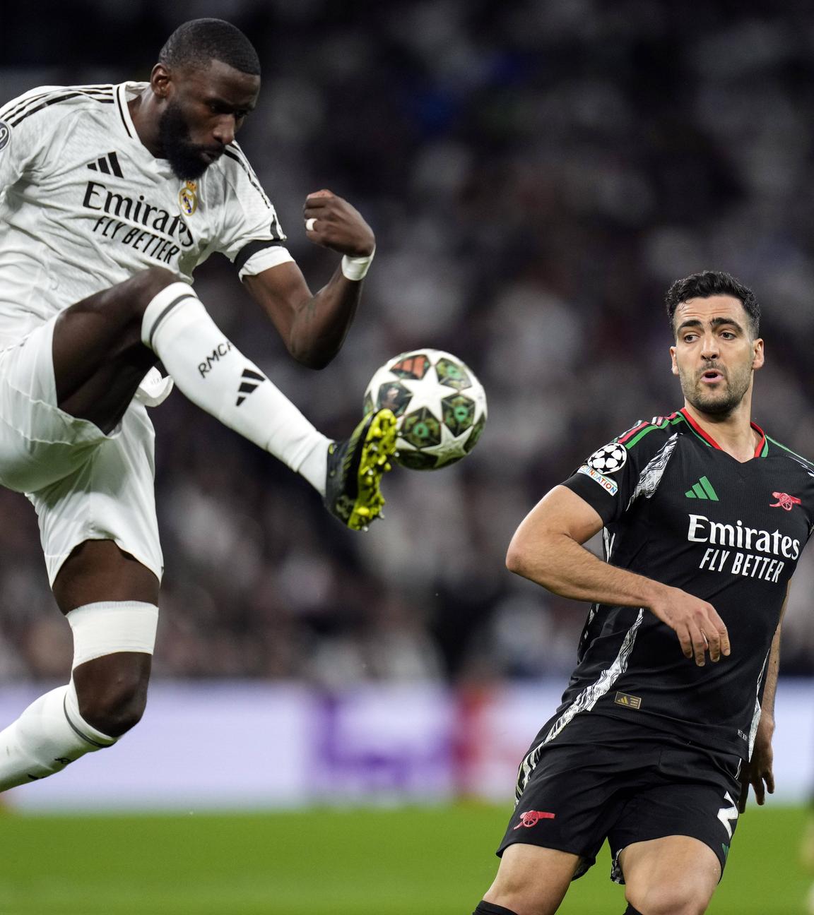 Real Madrids Antonio Rudiger und Mikel Merino von Arsenal in Aktion.