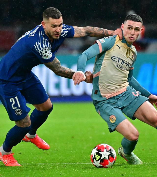 Phil Foden und Lucas Hernández bei der Champions-League-Partie zwischen Manchester City und Paris Saint-Germain im Januar 2025.