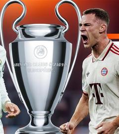 Kylian Mbappe, Joshua Kimmich mit Champions-League-Pokal