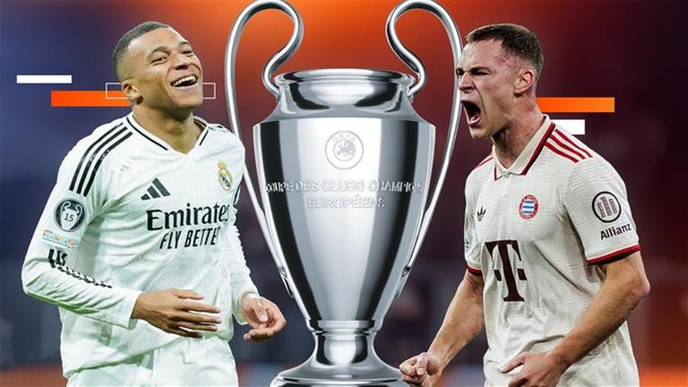 Kylian Mbappe, Joshua Kimmich mit Champions-League-Pokal