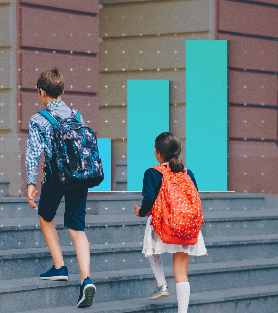Drei Kinder laufen Treppen zum Eingang eines Gebäudes hoch. Dahinter eine Grafik.