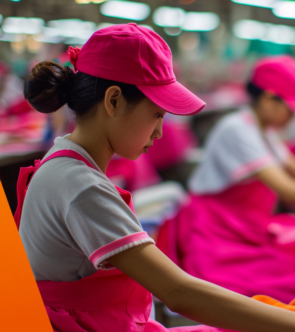 Chinesische Arbeiterinnen nähen in einer Fabrik