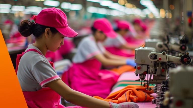 Chinesische Arbeiterinnen nähen in einer Fabrik